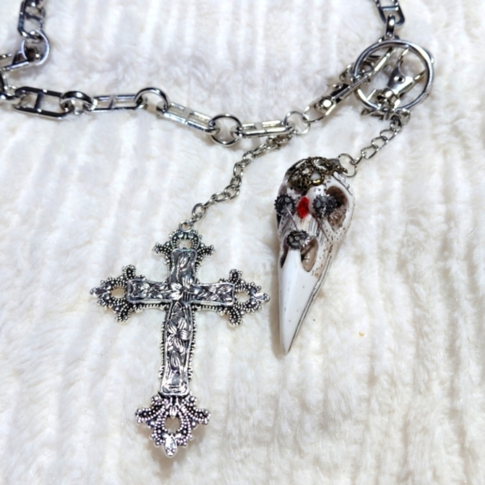 Gothic Silver Cross and Bird Skull Necklace
